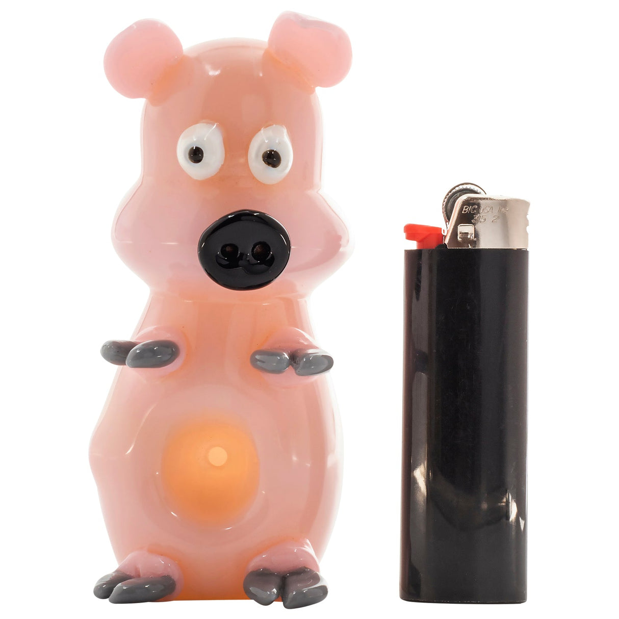 LA Pipes Little Piggy Hand Pipe in Pink with Deep Bowl for Dry Herbs, Front View alongside Lighter