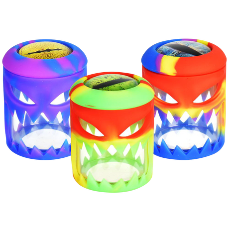 Trio of Lizard Eye Silicone Wrapped Glass Storage Jars in vibrant colors, front view on white background