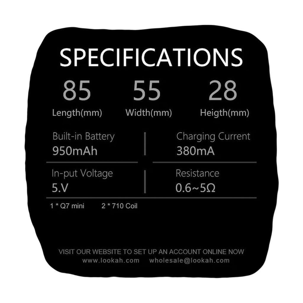 Lookah Q7 Mini Enail Specifications Graphic with Battery and Resistance Details