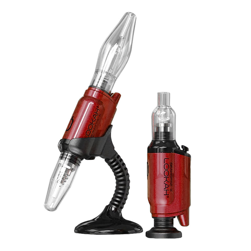 Lookah Seahorse X Electric Dab Kit in Red, versatile design, shown in standing and handheld positions
