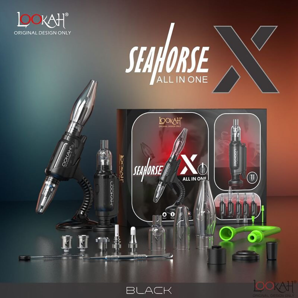 Lookah Seahorse X All In One Electric Dab Kit in Black with accessories and packaging