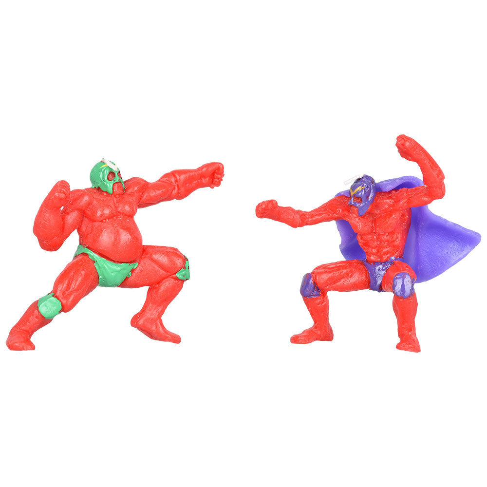 Luchador Birthday Candles, 2pc Set in Assorted Colors, Front View on White Background