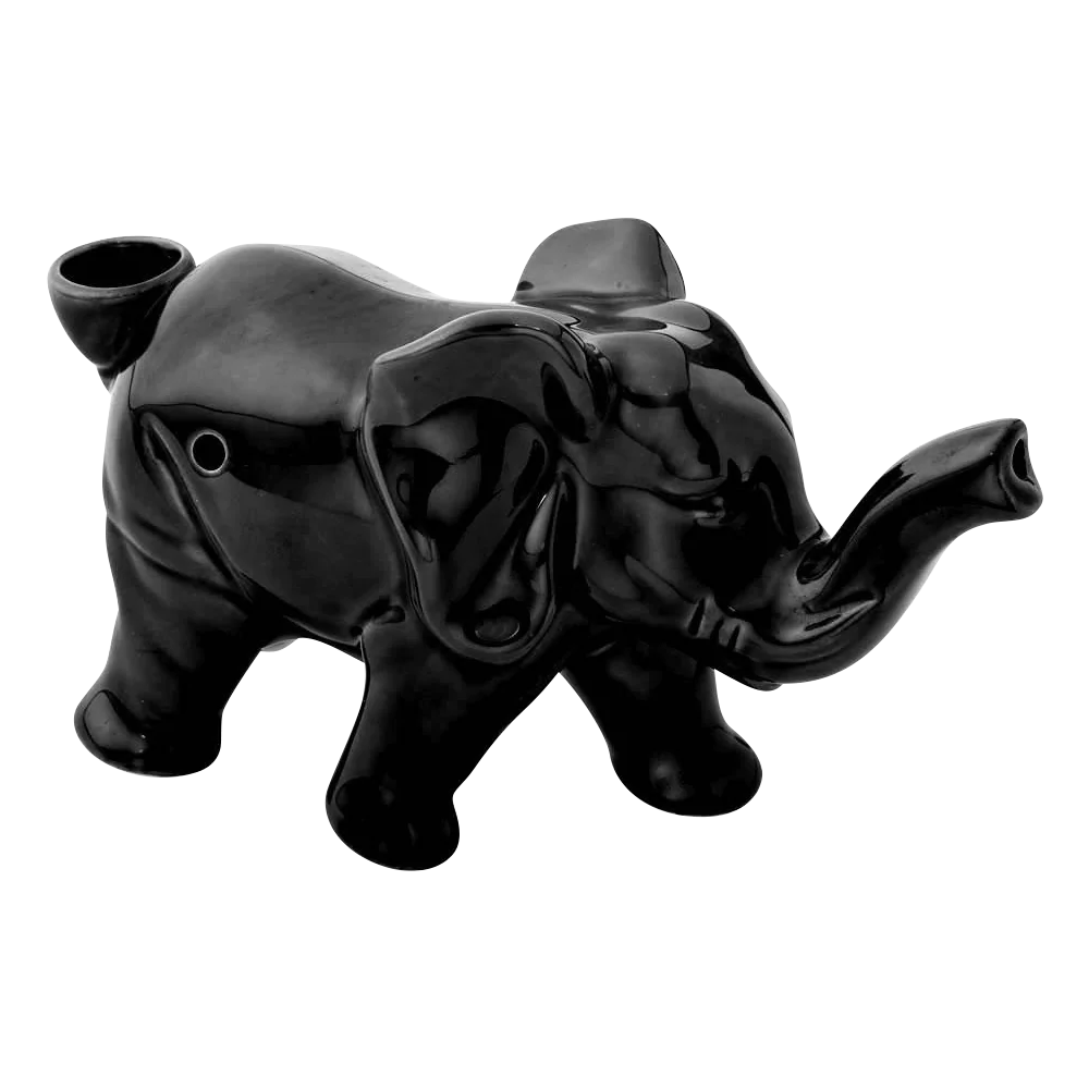 Black Lucky Elephant Ceramic Pipe, 7" Spoon Design, Ideal for Dry Herbs, Side View