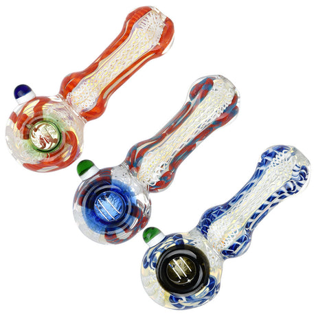 Luscious Lace Glass Spoon Pipes in red, blue, and clear designs, top view on white background