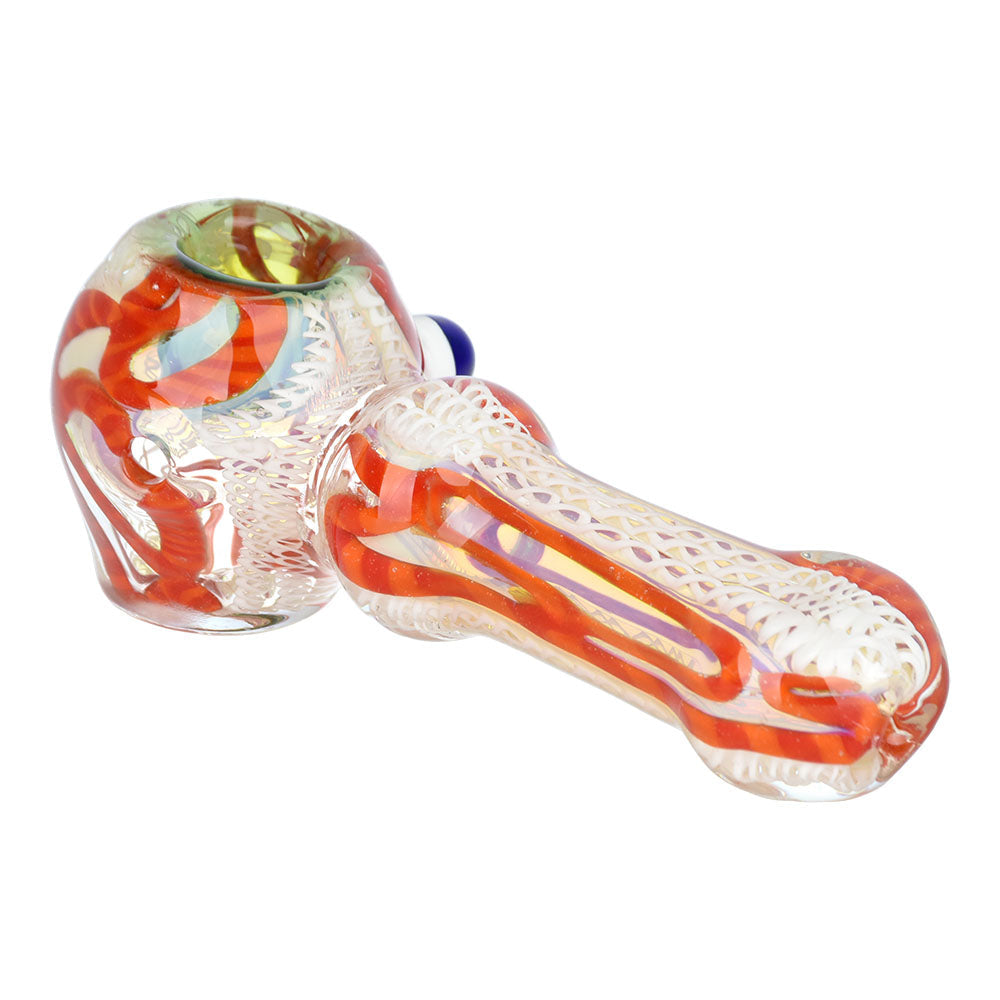 Luscious Lace Glass Spoon Pipe, 4.25" Borosilicate, Elegant Design, Front View on White