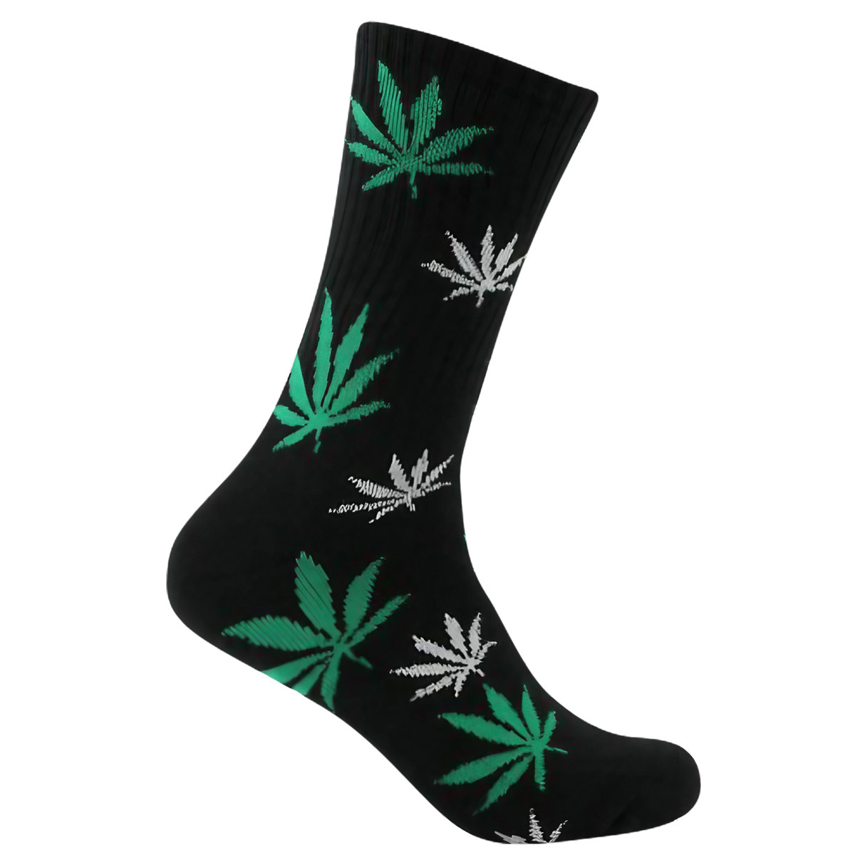 Mad Toro Socks in Black with Green Leaf Patterns, Polyester and Spandex Blend