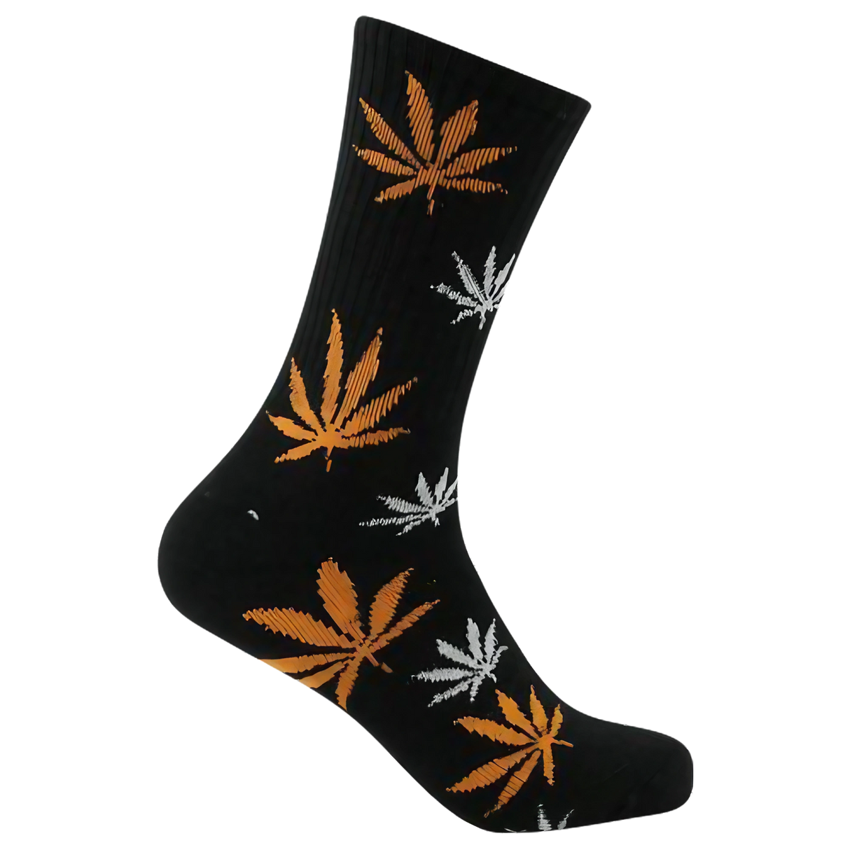 Mad Toro Socks in Black/Orange with Cannabis Leaf Design, Polyester-Spandex Blend
