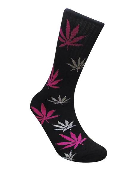 Mad Toro Socks in Black/Pink with Cannabis Leaf Design, Polyester Spandex Blend
