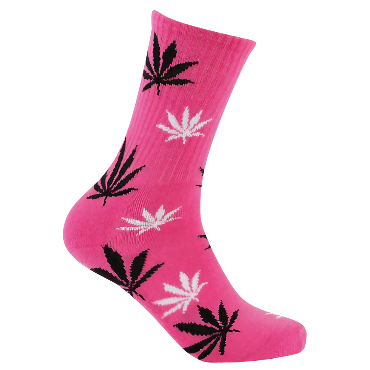 Mad Toro Socks in Pink/Black with Cannabis Leaf Design, Polyester Spandex Blend