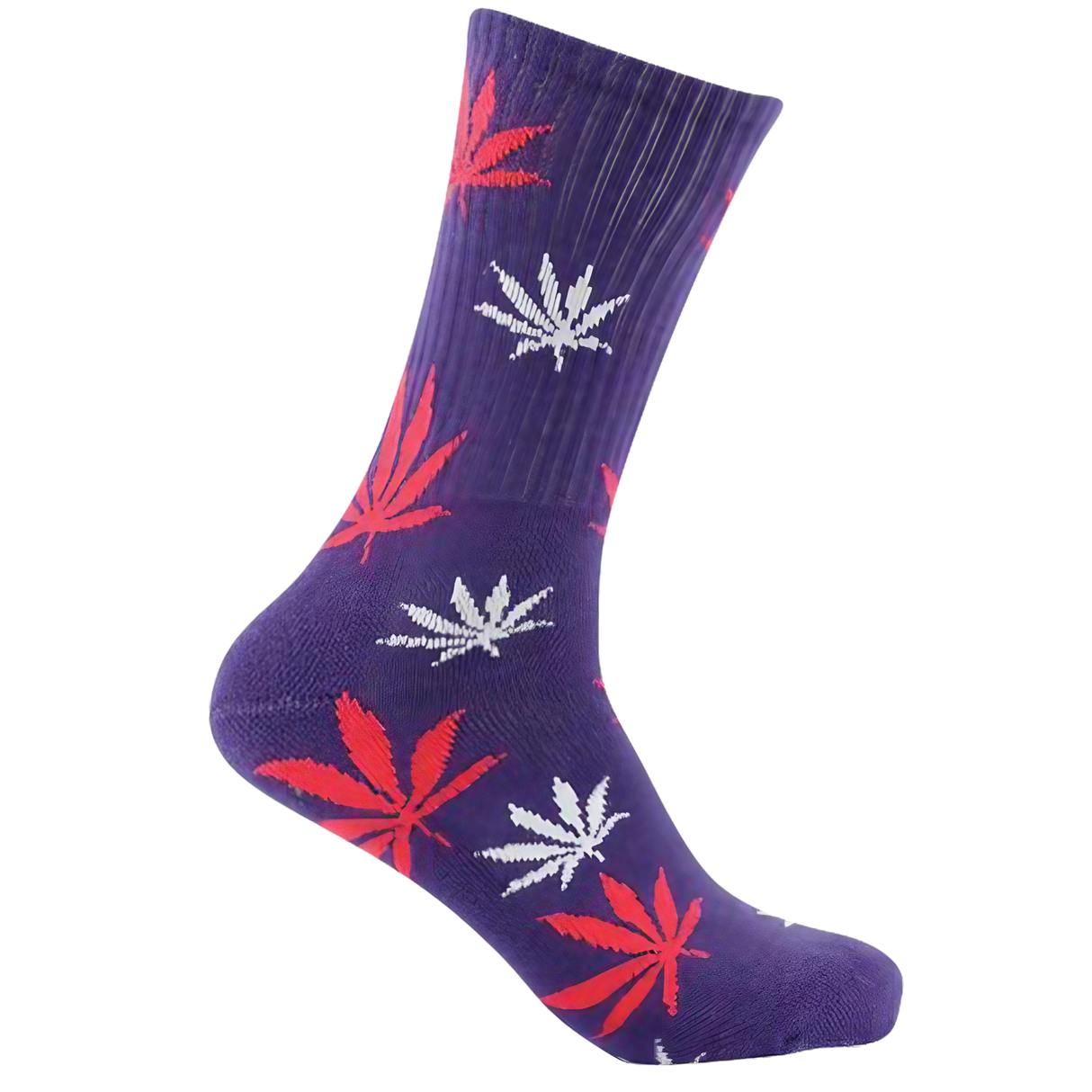 Mad Toro Socks in Purple/Pink with Cannabis Leaf Design, Polyester Spandex Blend, Side View
