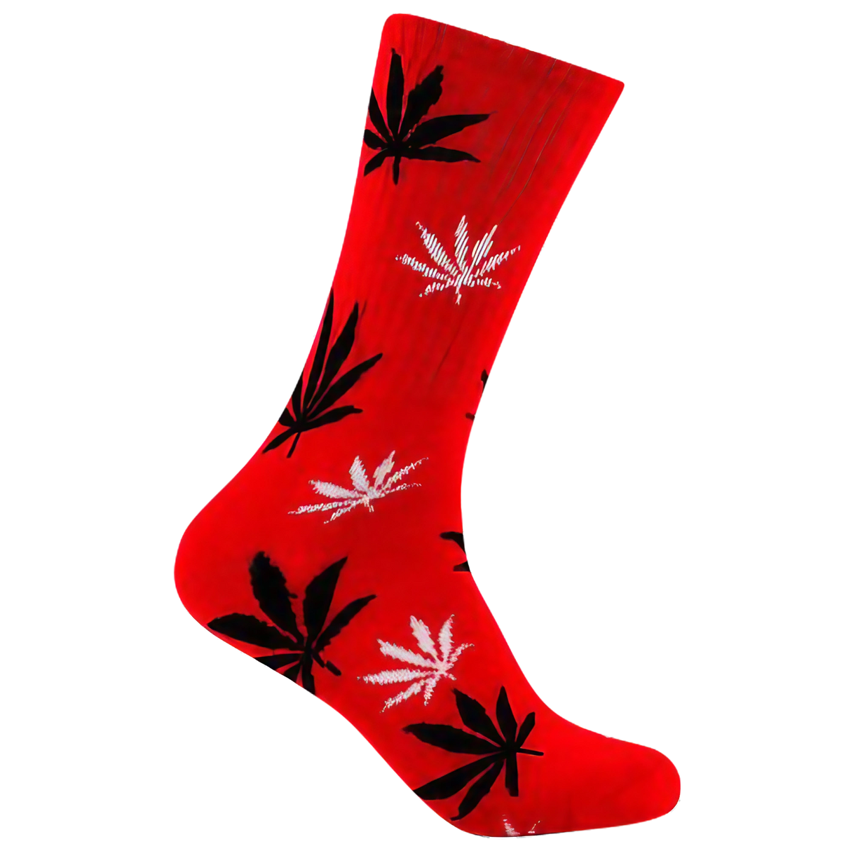 Mad Toro Socks in Red/Black with Cannabis Leaf Design, Comfortable Polyester-Spandex Blend
