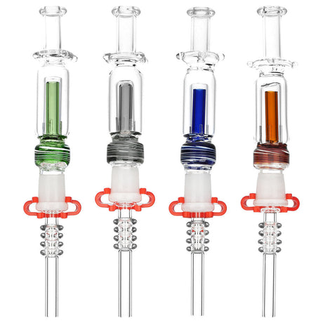 Magic Maker Bubbler Dab Straws in four colors with showerhead percolators, 14mm female joint, front view