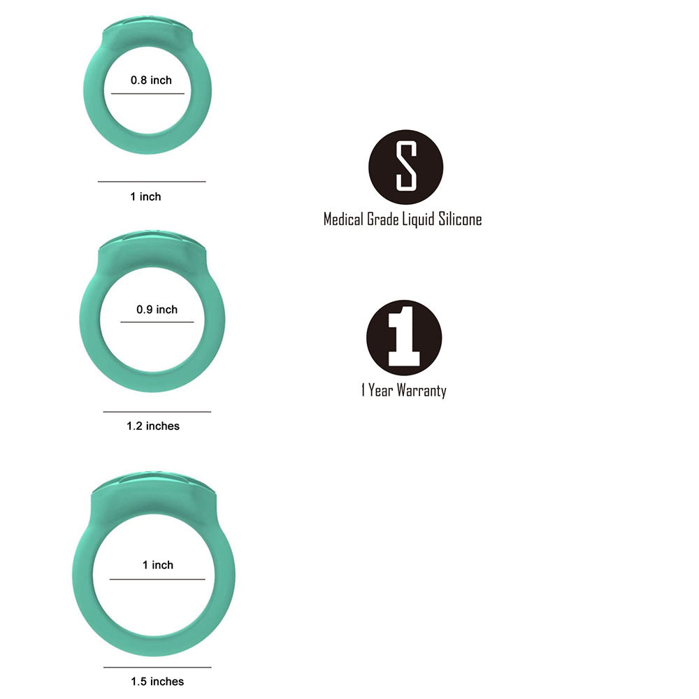Maia Novelties 420 Series Hazey Silicone Ring Set in teal, 3 sizes displayed with dimensions