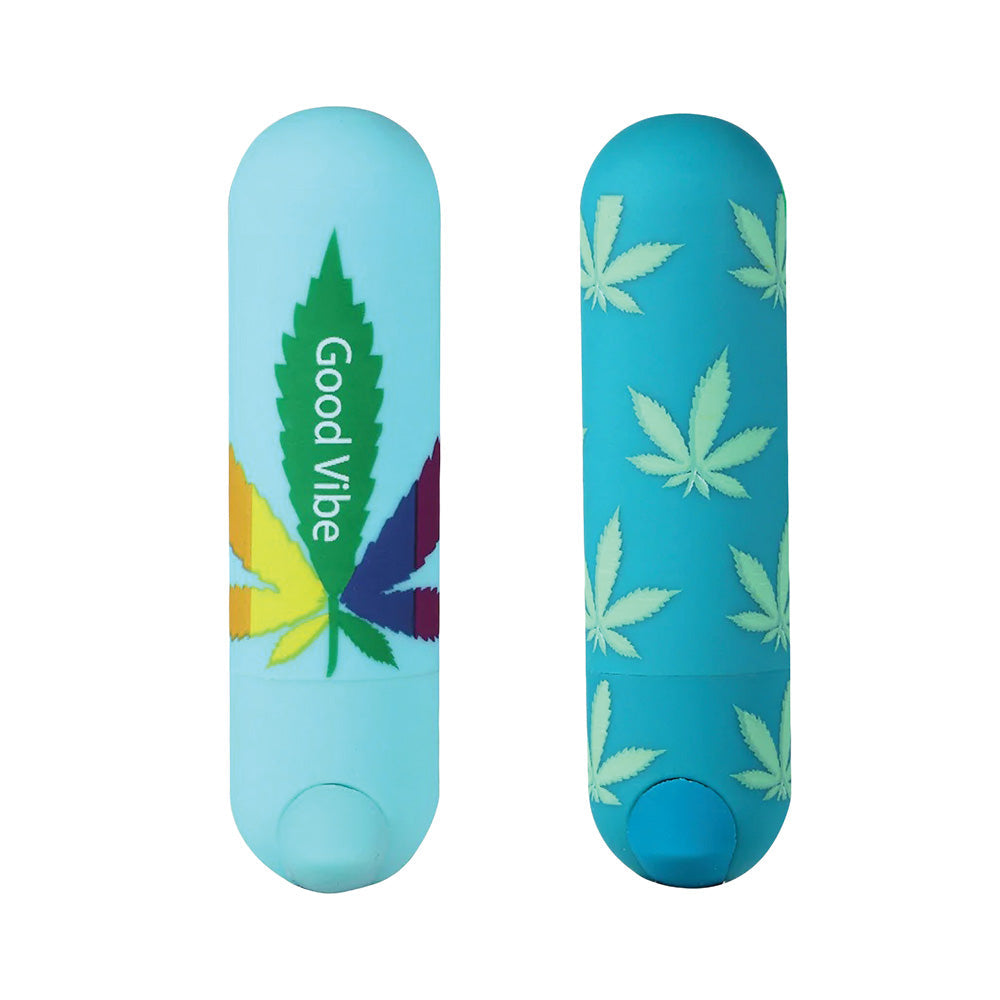Maia Novelties 420 Jessi Massagers with cannabis leaf design, 3-inch, front and back view