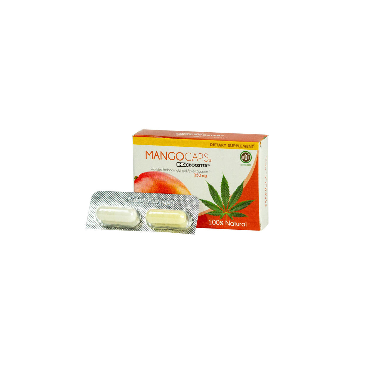 MangoCaps 350mg Endo Booster CBD capsules, 12 pack display with product box and blister pack