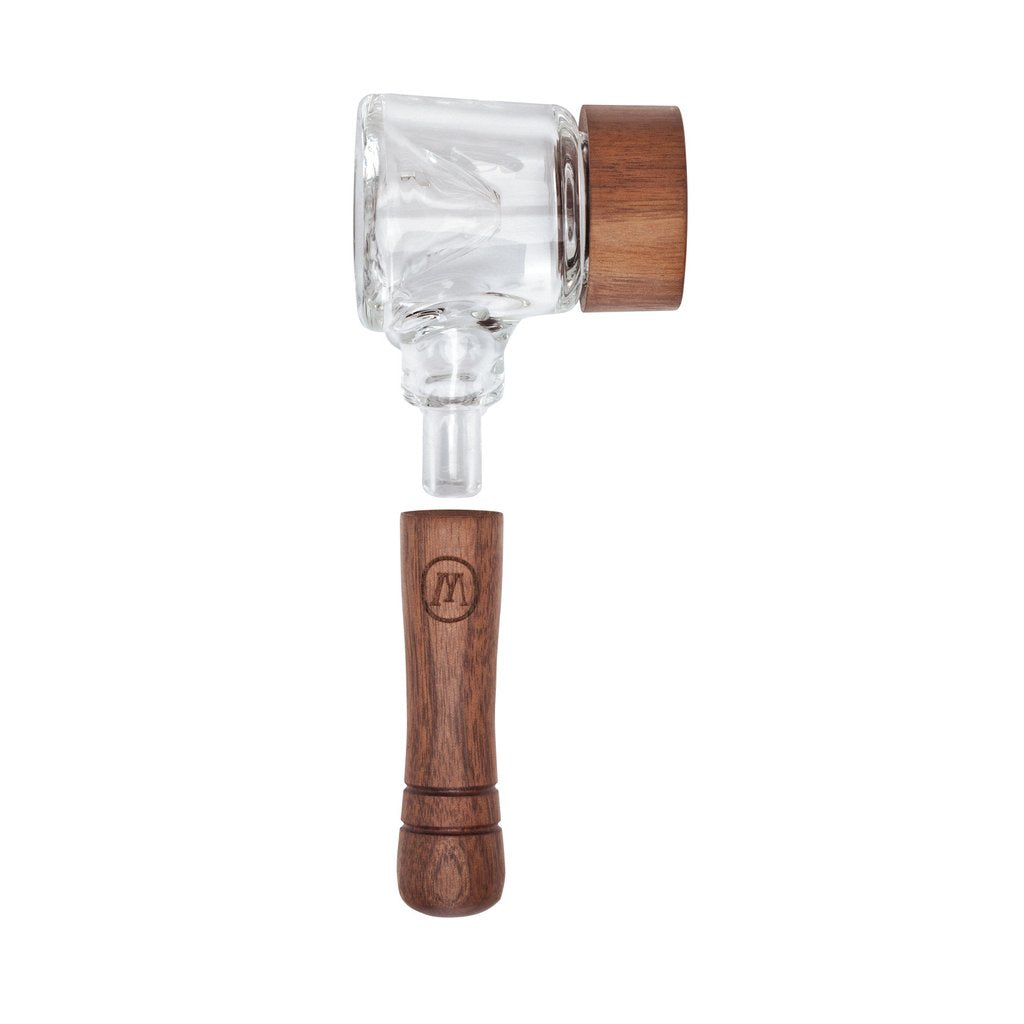 Marley Natural clear glass spoon pipe with heavy-wall bowl and walnut handle, front view