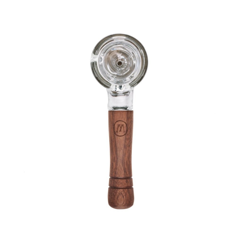 Marley Natural Spoon Pipe with clear borosilicate glass bowl and walnut handle, front view