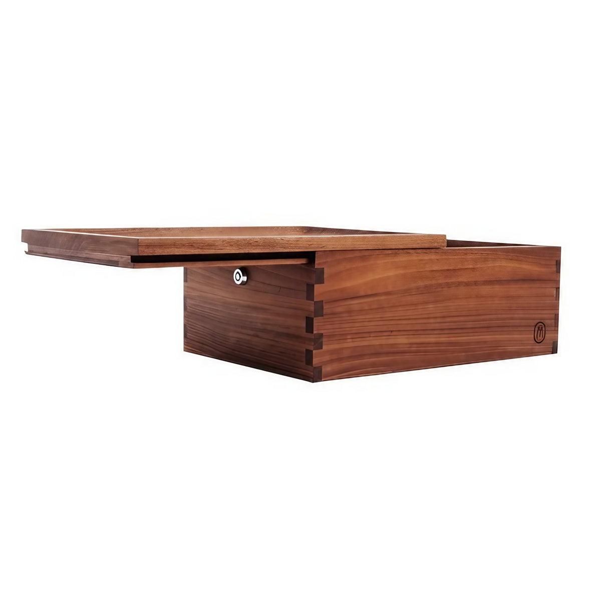 Marley Natural wooden lock stash box for bongs, side view with sliding top partially open