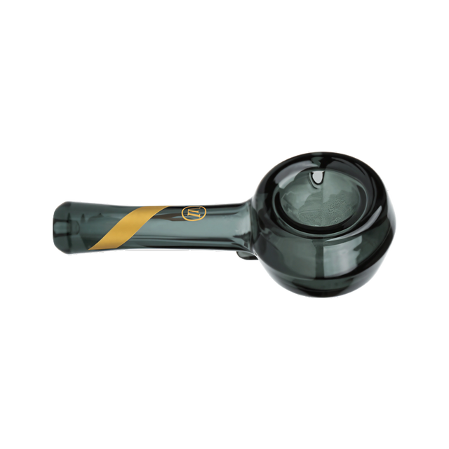 Marley Natural Smoked Glass Spoon Pipe with Gold Stripe Decal on Seamless Black Background