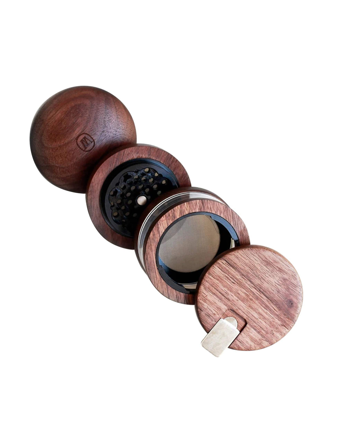 Marley Natural Wooden Grinder Jar open view showing 4-part design and glass stash compartment