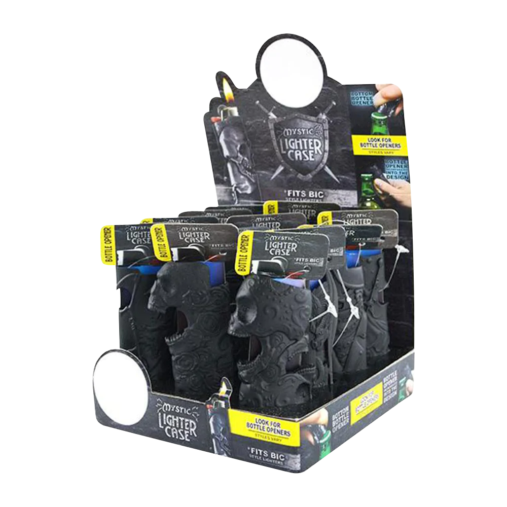 12-pack matte black lighter cases with built-in bottle openers, compact design, displayed in box