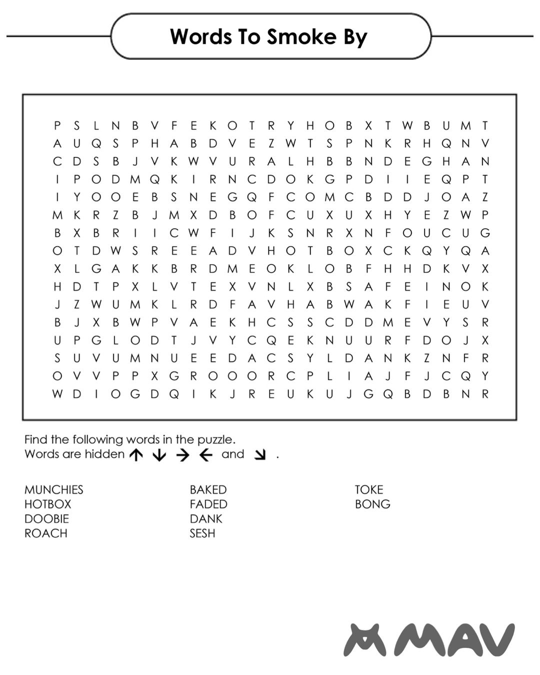 MAV Beaker Sticker Pack featuring a word search with smoking-themed words, front view on white background