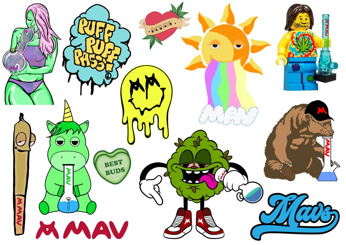 MAV Beaker Sticker Pack showcasing a variety of colorful vinyl stickers with cannabis-themed designs