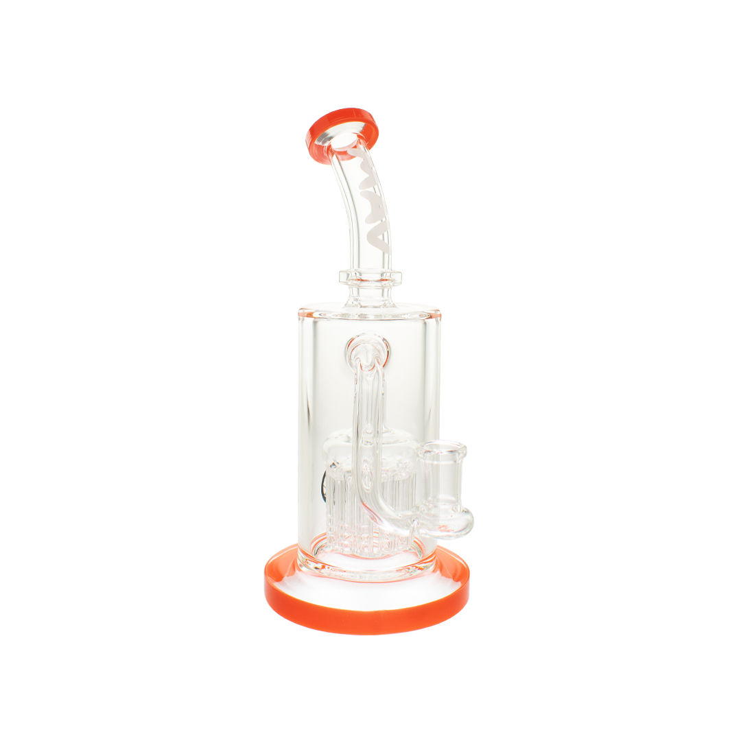 MAV Glass 12 Arms Sycamore Tree Perc 2.0 Bong in Orange, Front View on White Background