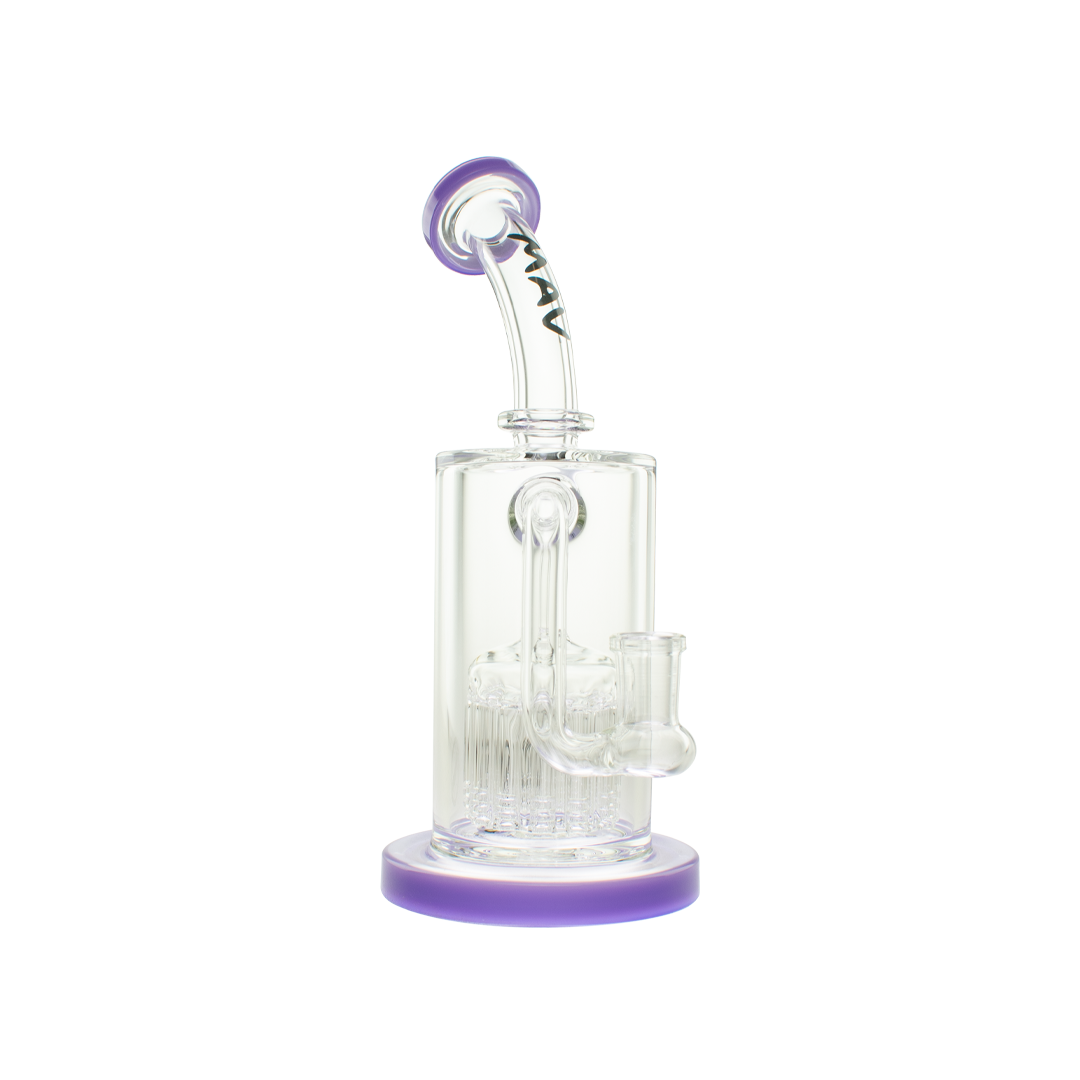 MAV Glass 12 Arms Sycamore Tree Perc 2.0 Bong in Purple, Front View on White Background