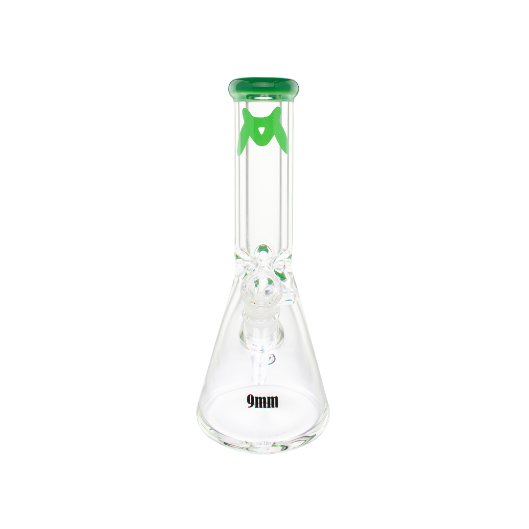 MAV Glass 12" Classic Beaker Bong with 9mm thickness and forest green color accent, front view on white background