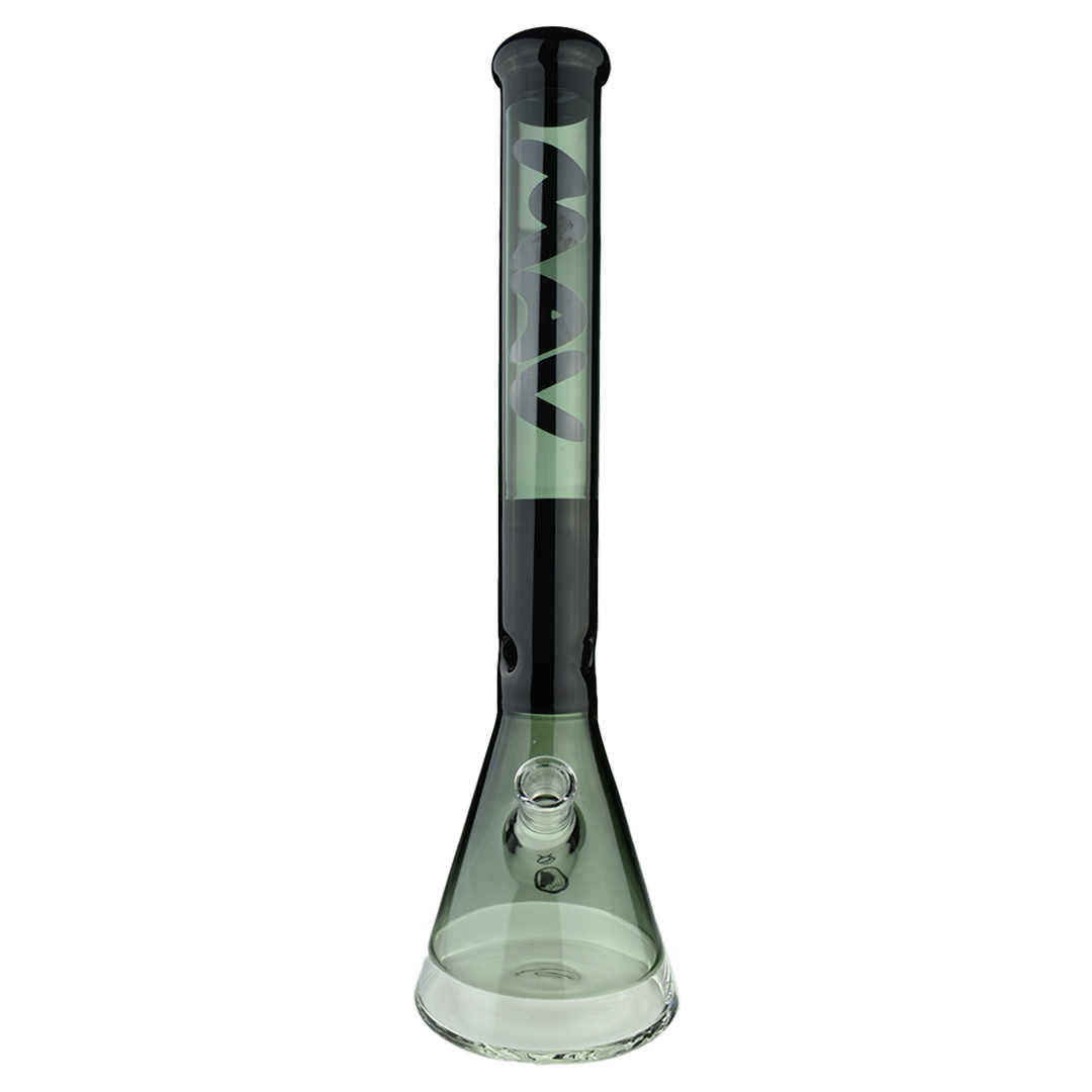 MAV Glass 18" 2 Tone Zebra Beaker Bong in Black and Smoke, Front View on White Background