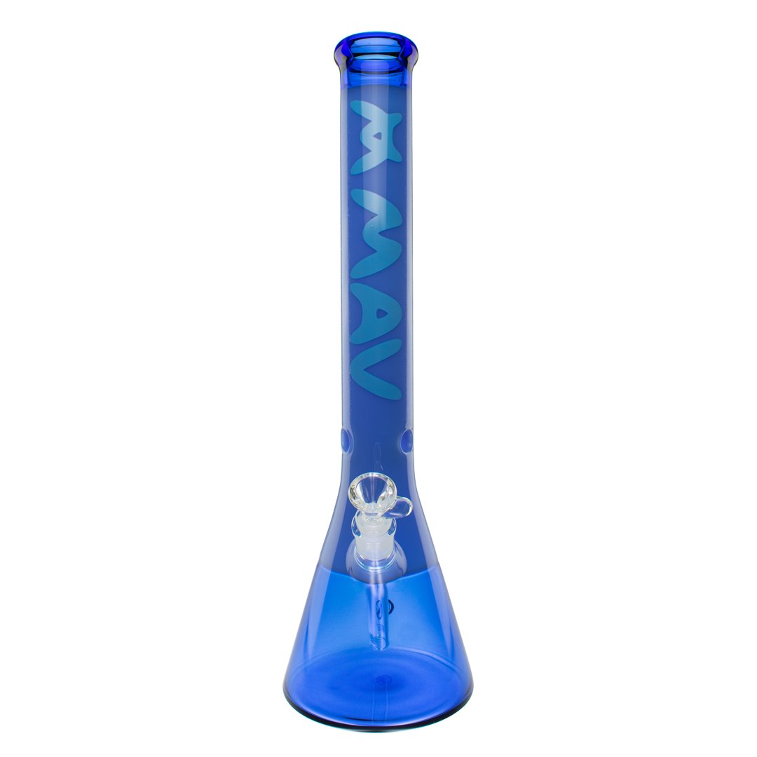 MAV Glass 18" Color Float Beaker Bong in Blue, Front View on Seamless White Background