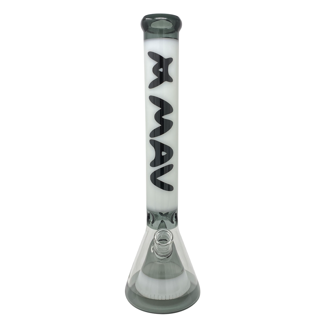 MAV Glass 18" Manhattan Pyramid Beaker in White and Transparent Black, Front View, 50mm Diameter