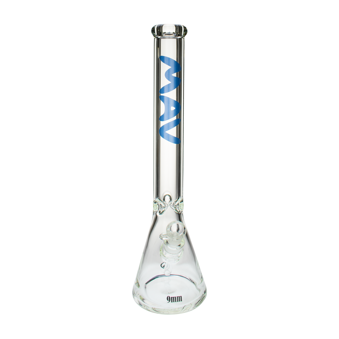 MAV Glass 18" Beaker Bong in LA Blue-dark, 9mm thick heavy wall, front view on white background