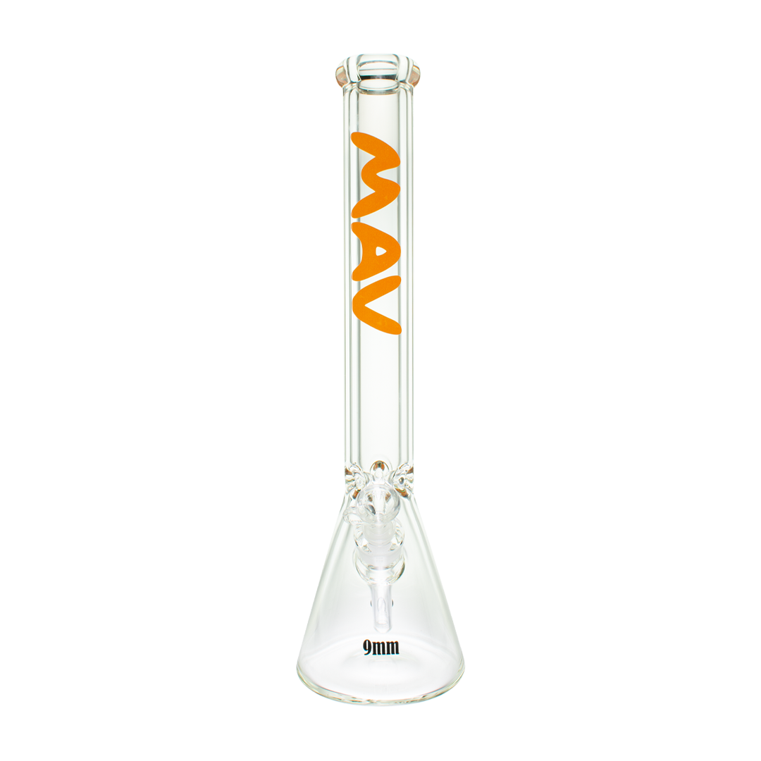 MAV Glass 18" Beaker Bong in Orange with 9mm Thick Glass and Heavy Wall Design, Front View