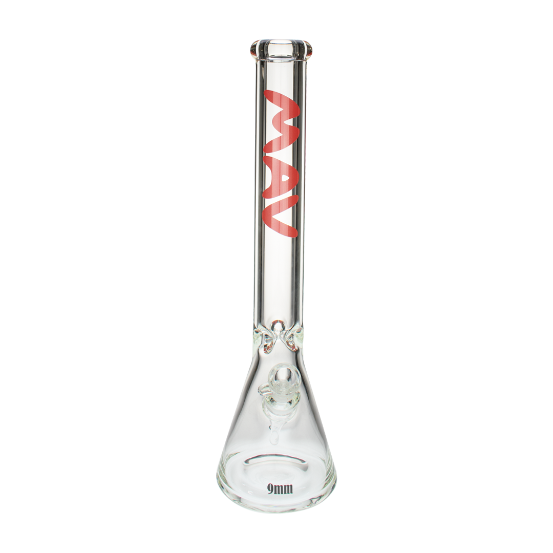 MAV Glass 18" Red Logo Beaker Bong, 9mm Thick Heavy Wall, Front View on White Background