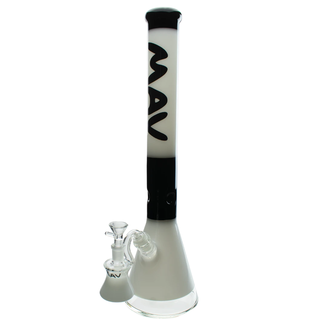 MAV Glass 19" 2-tone zebra beaker bong with ash catcher, front view on white background