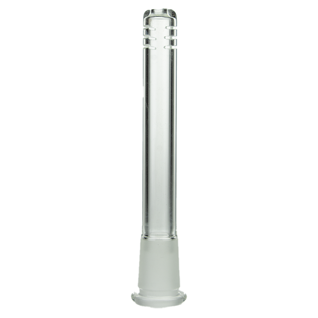 MAV Glass 4" Clear Downstem 19mm to 14mm for Bongs, Front View on Seamless White