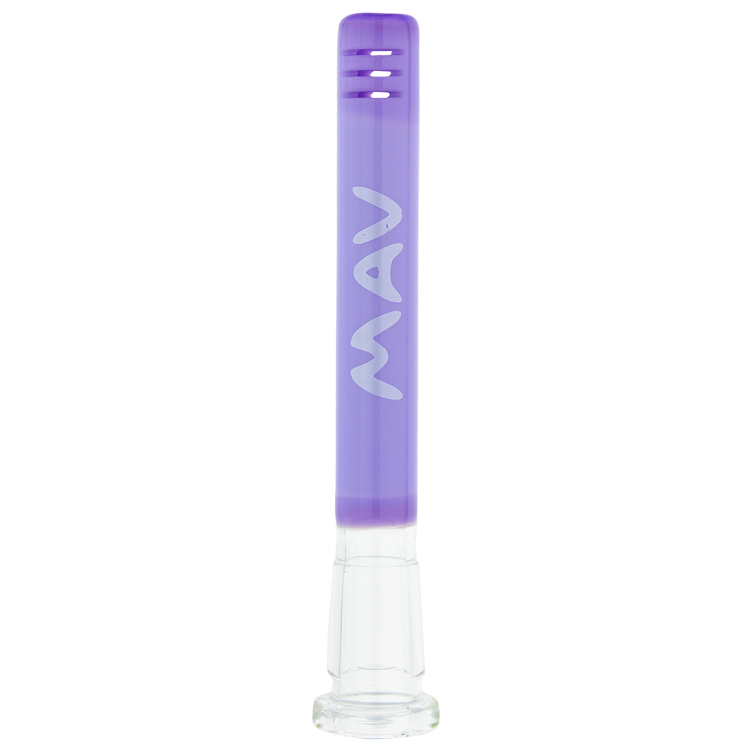 MAV Glass 4" Purple Downstem, 18mm to 14mm, Front View on Seamless White Background