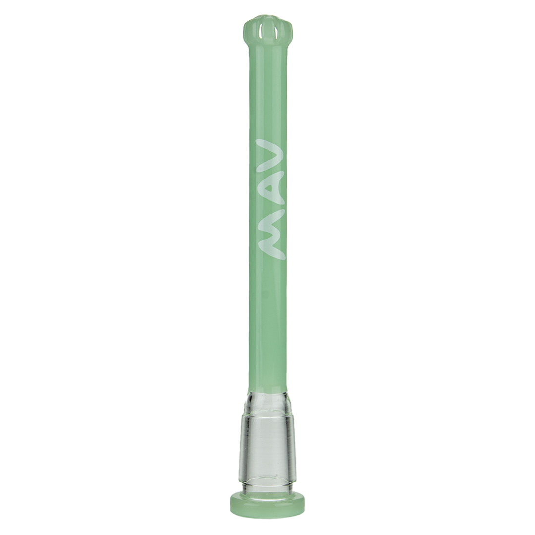 MAV Glass 5" Showerhead Slitted Downstem in Seafoam, Glass on Glass Joint, Front View