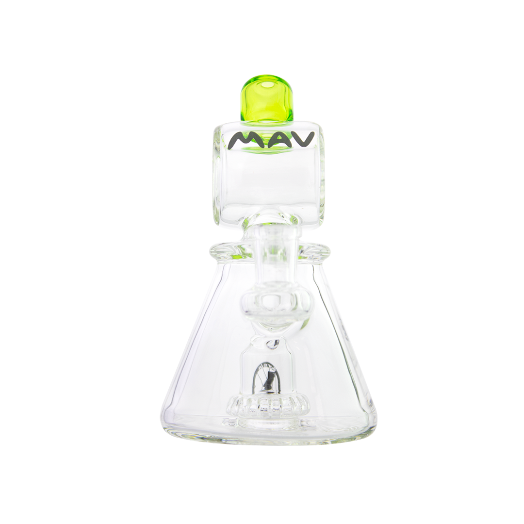 MAV Glass Barrel Top Pyramid UFO Dab Rig with Showerhead Percolator, 7" height, front view on white background