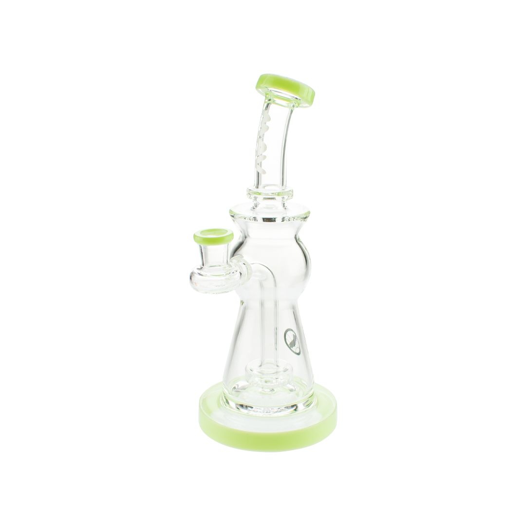 MAV Glass Beam Puck Perc Bent Neck Rig in Slime variant, 10" tall with 14mm joint, front view on white background