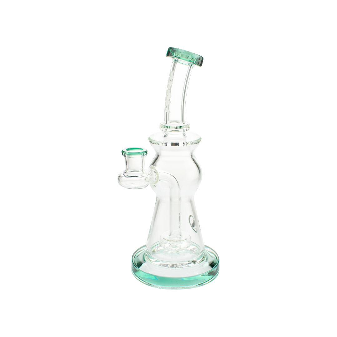 MAV Glass Beam Puck Perc Bent Neck Rig in Teal, 10" Tall, 14mm Joint, Front View