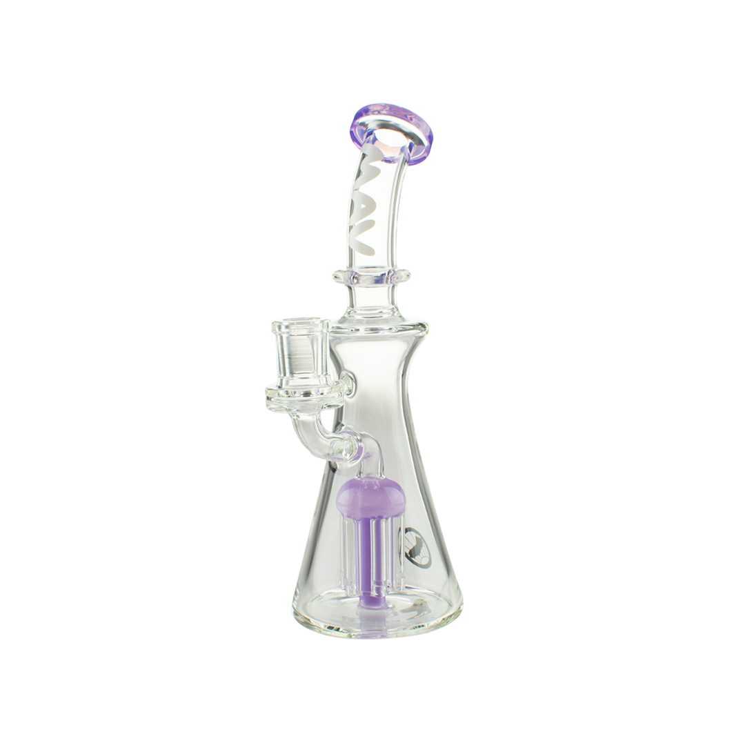 MAV Glass Bent Neck Jellyfish Rig in Purple with Tree Percolator, 9" Height, Front View