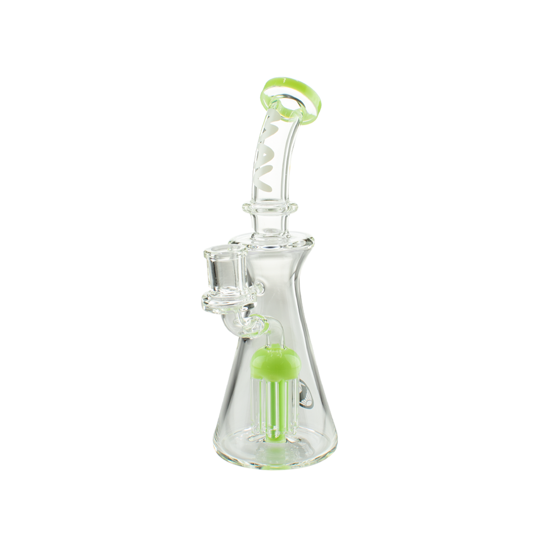 MAV Glass Bent Neck Jellyfish Rig in Slime variant, 9" tall with tree percolator, front view on white background