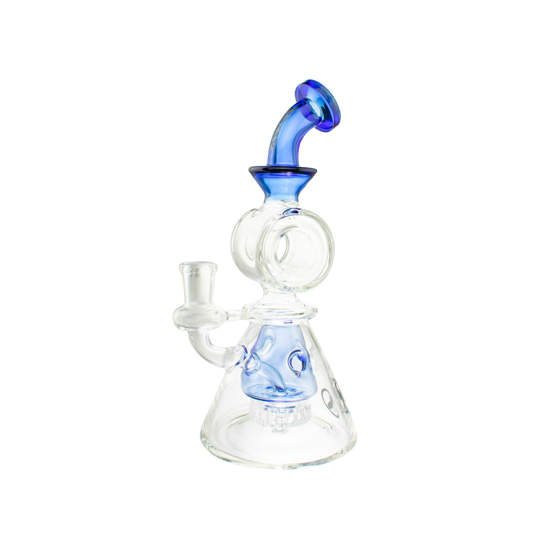 MAV Glass Bent Neck Showerhead Swiss Pyramid Bong in Ink Blue with Beaker Design, Front View