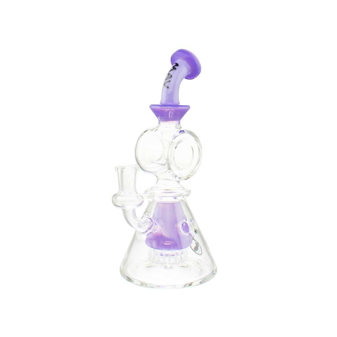MAV Glass Bent Neck Showerhead Swiss Pyramid Bong in Purple with Beaker Base, Front View