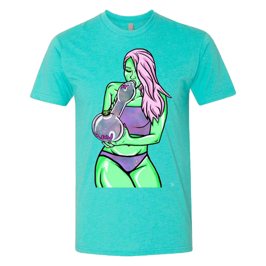 MAV Glass Big Pipe Smoker Girl T-shirt in blue with vibrant spoon design, front view on white background