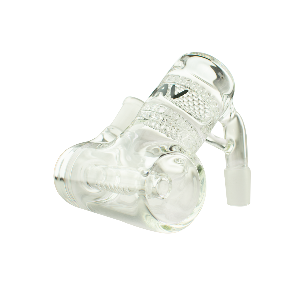 MAV Glass Double Honey Disc Inline Ash Catcher at 45° angle for bongs, clear glass side view