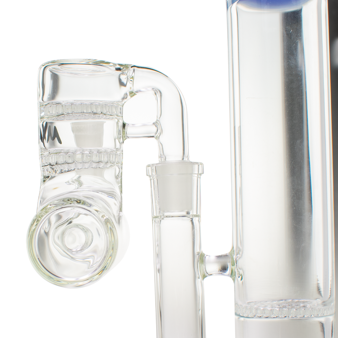 MAV Glass Double Honey Disc Inline Ash Catcher 19/90° side view attached to bong